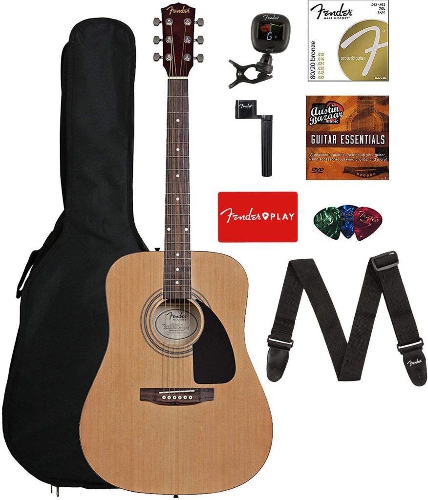 Fender FA-125 Acoustic Guitar - Natural Bundle with Gig Bag, Tuner, Strings, Strap, Picks, Austin Bazaar Instructional DVD, and Polishing Cloth