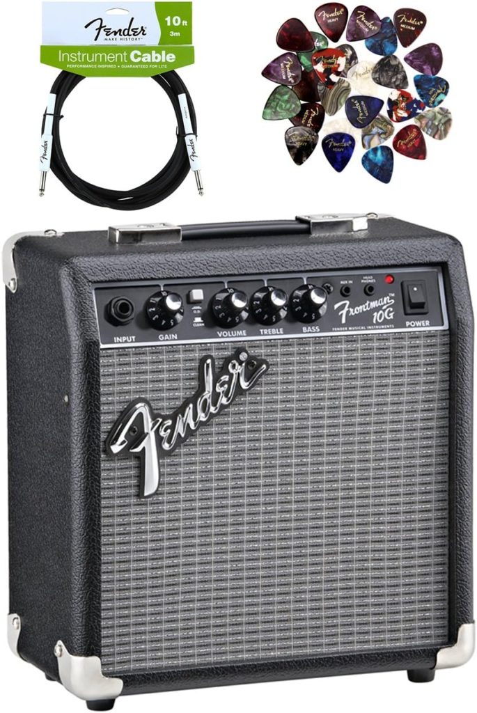 Fender Frontman 10G Guitar Combo Amplifier - Black Bundle with Instrument Cable and Picks