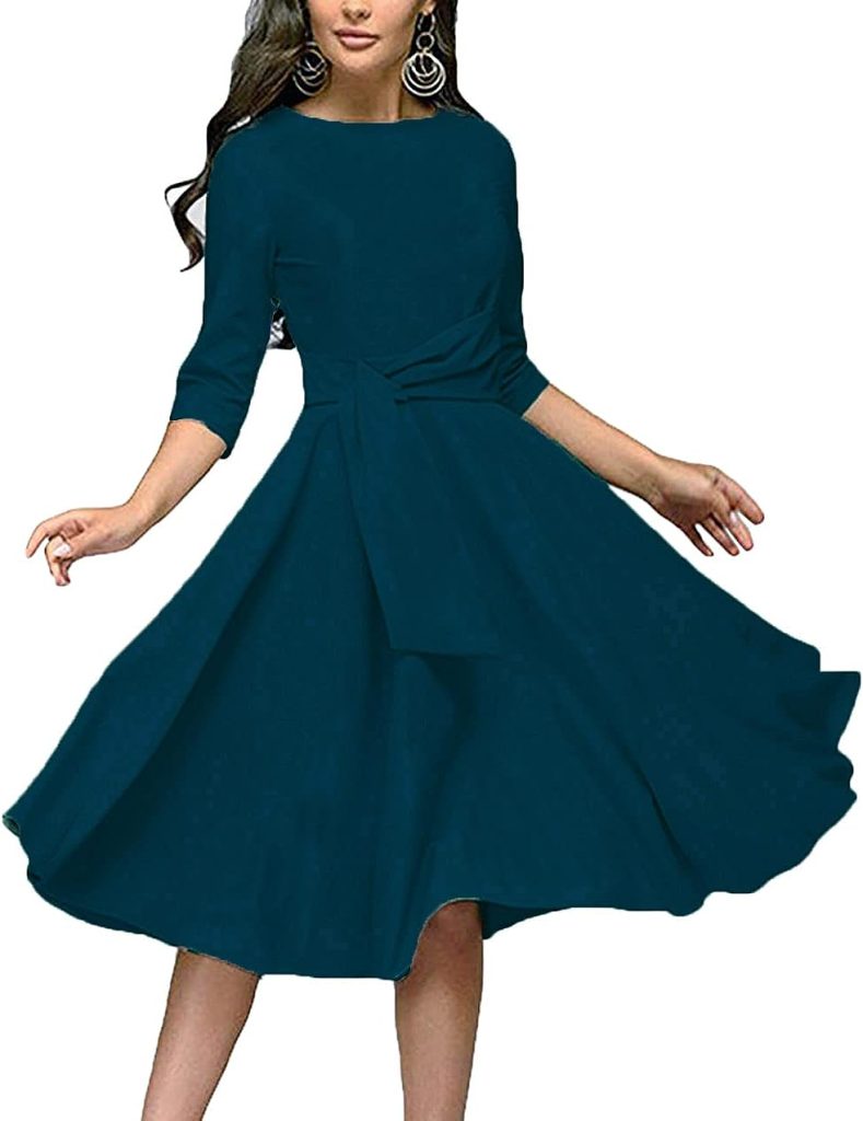 FENJAR Womens Elegance Audrey Hepburn Style Ruched 3/4 Short Ruffle Sleeve Casual Swing A-line Dress