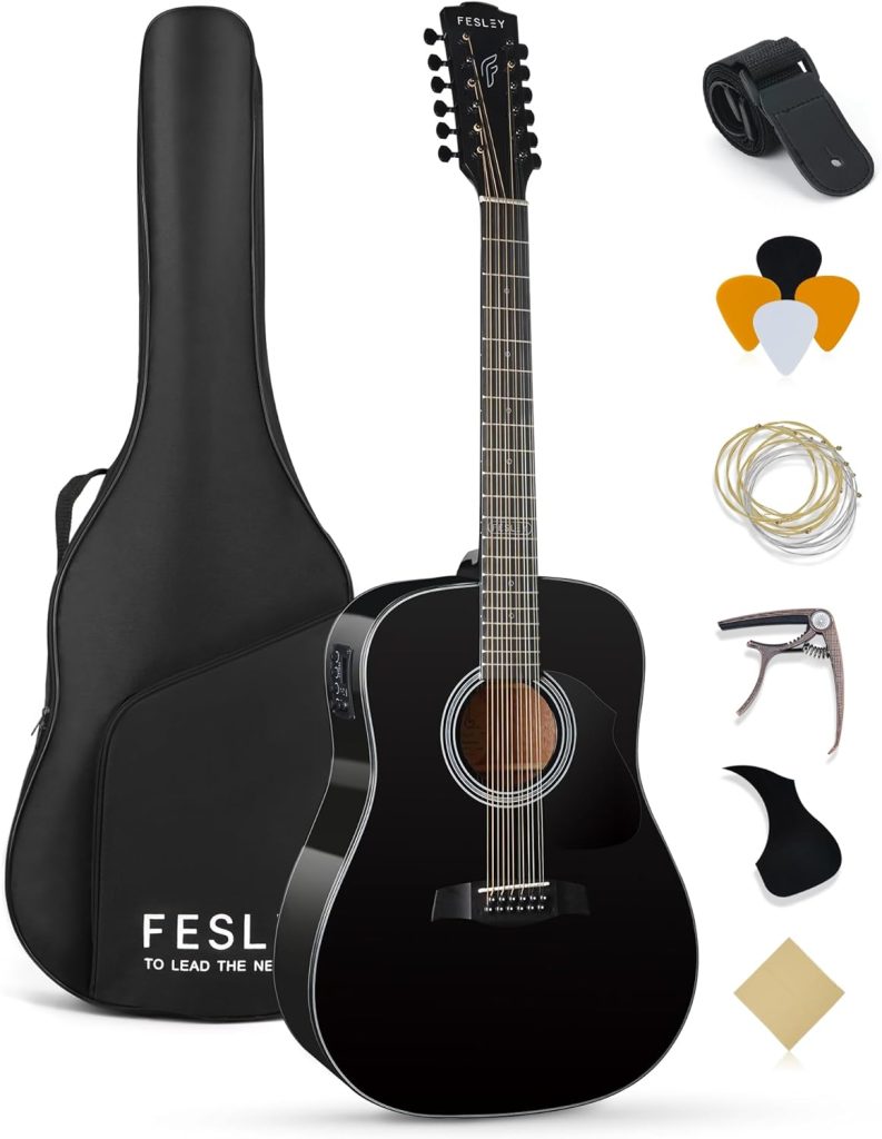 Fesley 12 String Guitar, 42 Full Size Acoustic Electric Guitars for Beginners Adults, Spruce Top Guitarra Acustica, Guitar Bundle with Gig Bag, Picks, Strings, Strap, Black