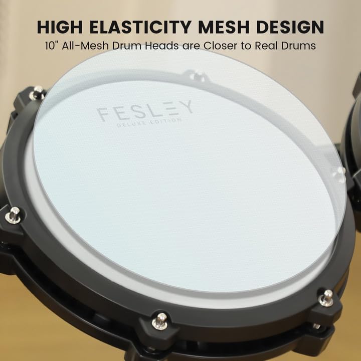 Fesley Electric Drum Set, Electronic Drum Set with 4 Quiet Mesh Drum Pads, Moving HiHat and Kick Drum, 2 Cymbals w/Chock, 225 Sounds, Headphones, USB MIDI, Drum Throne, and Sticks