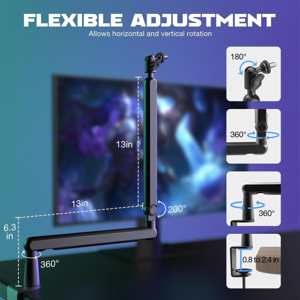 FIFINE Microphone Boom Arm, Low Profile Mic Arm Stand with Desk Mount Clamp, Screw Adapter, Cable Management, Adjustable Mic Stand for Boom Stick Microphone, for Podcast Streaming Gaming Studio-BM88