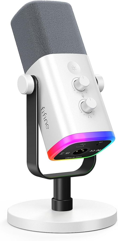 FIFINE XLR/USB Gaming Microphone for Streaming Podcasting, PC Computer RGB Mic for PS4/PS5, with Gain Knob, Mic Mute, Monitoring Jack, Gamer Mic for Recording Video Creation-AmpliGame AM8 White