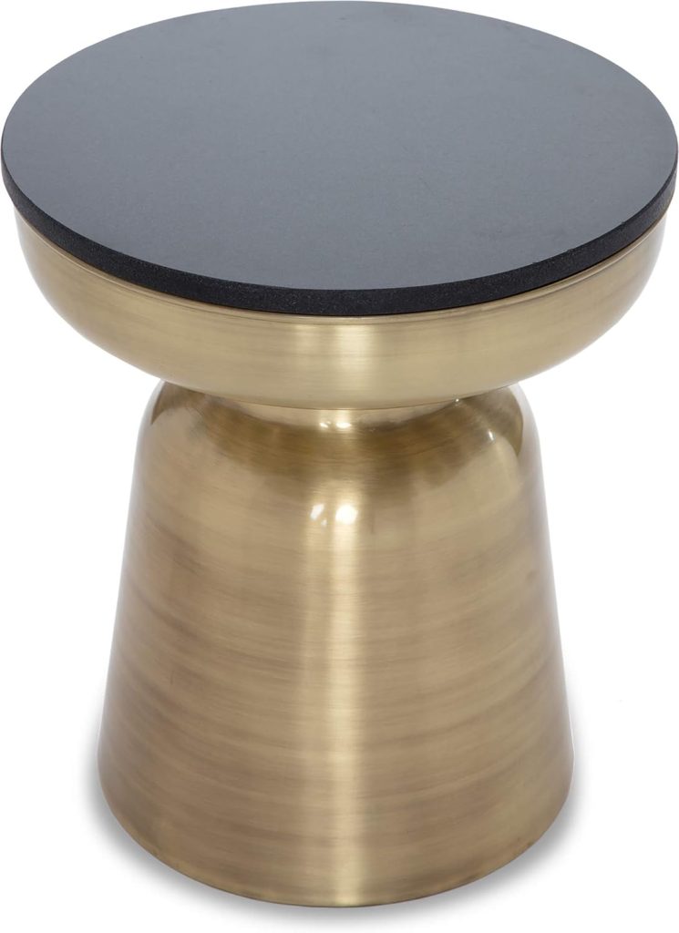 Finch Adler Brass Metal Side Small Round Accent End Drum Table for Living Room or Bedroom Fully Assembled Solid Granite Top, Black/Gold