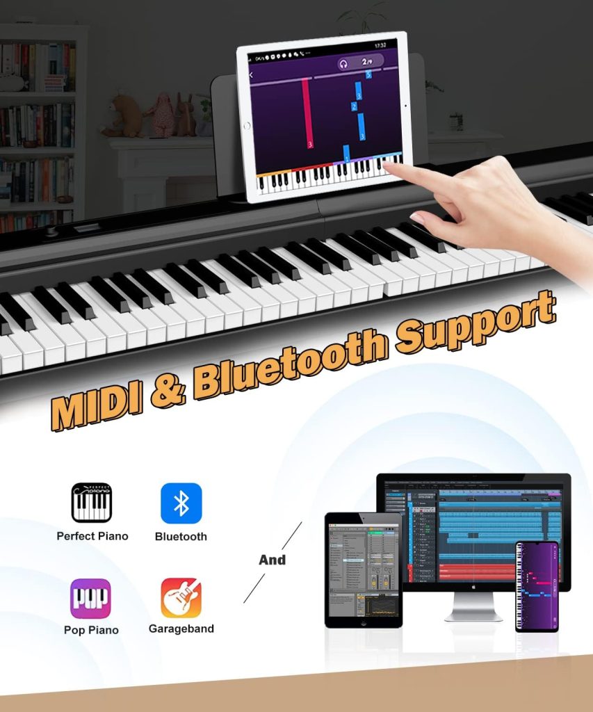 Finger Dance Folding Piano 88 Key Keyboard Pro, [ Upgrade Chip ], Portable Piano Keyboard with Stand Full Size Touch Sensitive 88 Keys Digital Piano with Bluetooth MIDI for Beginners Black PRO