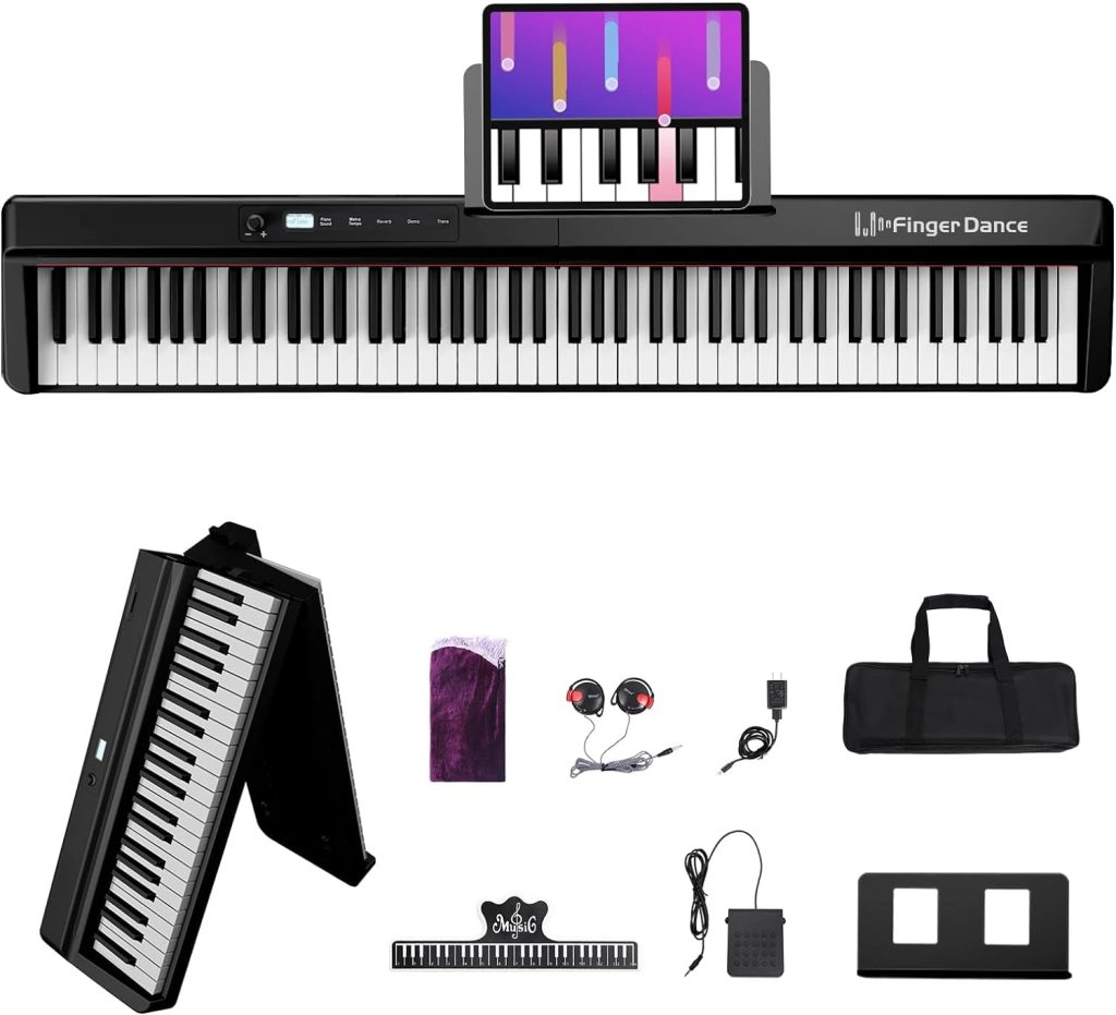 Finger Dance Folding Piano 88 Key Keyboard Pro, [ Upgrade Chip ], Portable Piano Keyboard with Stand Full Size Touch Sensitive 88 Keys Digital Piano with Bluetooth MIDI for Beginners Black PRO