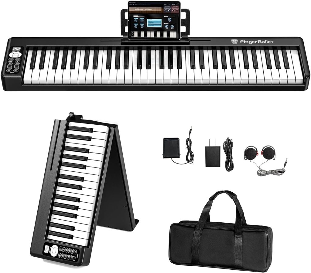 FingerBallet 61 Key Folding Piano Keyboard,Semi-Weighted Key Digital Piano,Portable Piano for Beginner, Travel Electric Piano with MIDIBluetooth, Carrying Bag,Piano Pedal,Black