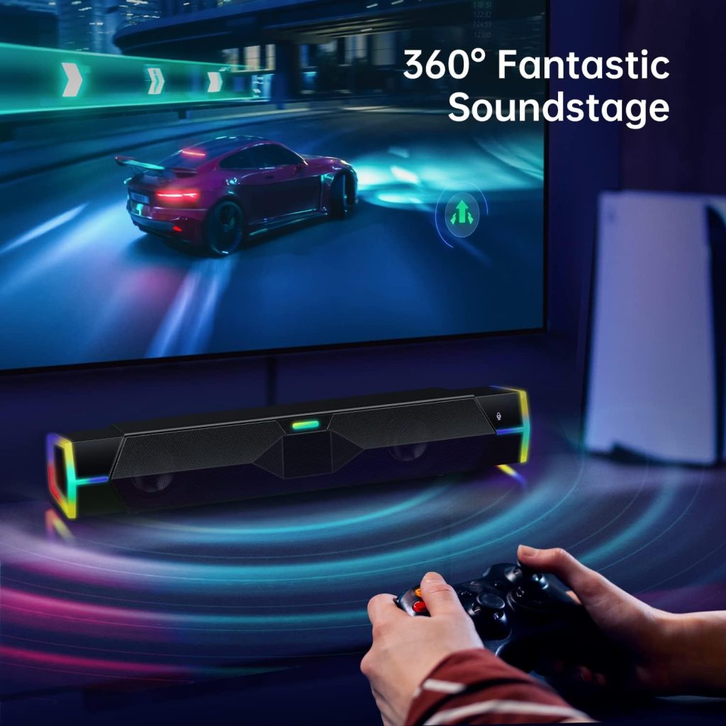 Fishcovers Computer Speakers with Microphone, USB Powered Bluetooth 5.3 PC Speaker, Surround Sound Portable Sound Bar, Colorful RGB Gaming Speakers for Desktop Monitor,12W, Black