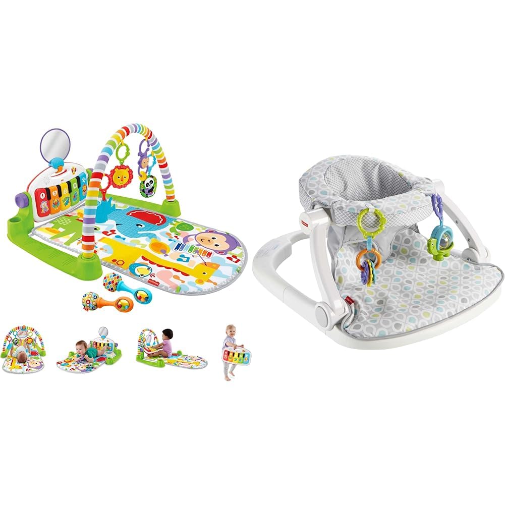 Fisher Price Baby Playmat Deluxe Kick  Play Piano Gym  Maracas  Portable Baby Chair Sit-Me-Up Floor Seat with Developmental Toys  Machine Washable Seat Pad, Honeydew Drop