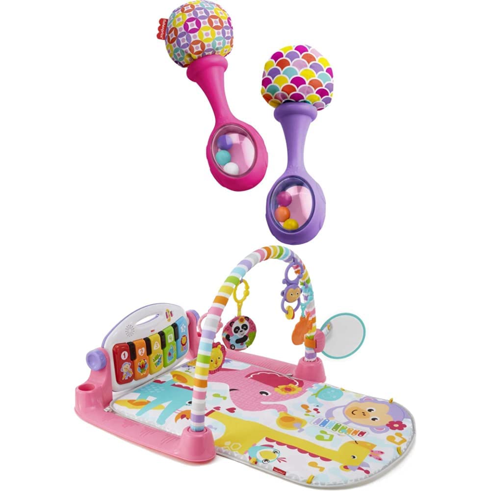 Fisher-Price Baby Toy Bundle Including Baby Gym with Kick  Play Piano Learning Toy and Set of 2 Rattle Toy Maracas, Pink and Purple