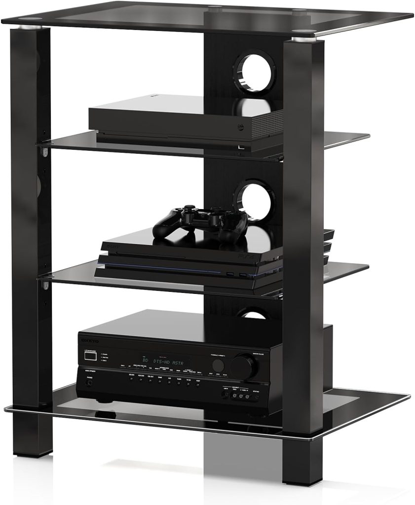 FITUEYES 4-Tier AV Media Cabinet Stand Component Cabinet, Gaming TV Stand and Stereo Rack Audio Tower with Height Adjustable Tempered Glass Shelves, AS406003GB