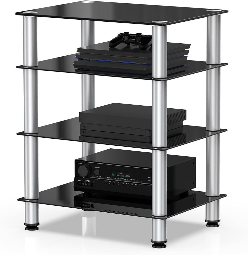 Fitueyes 4-Tier Media Stand Audio/Video Component Cabinet with Glass Shelf for/Apple Tv/Xbox One/ps4 AS406001GB