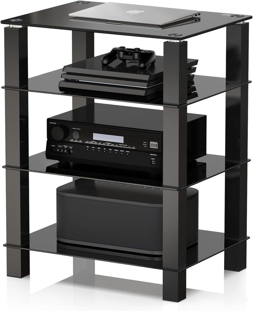 FITUEYES 4-Tier Media Stand Audio/Video Component Cabinet with Glass Shelf for/Apple Tv/Xbox One/ps4 AS406002GB