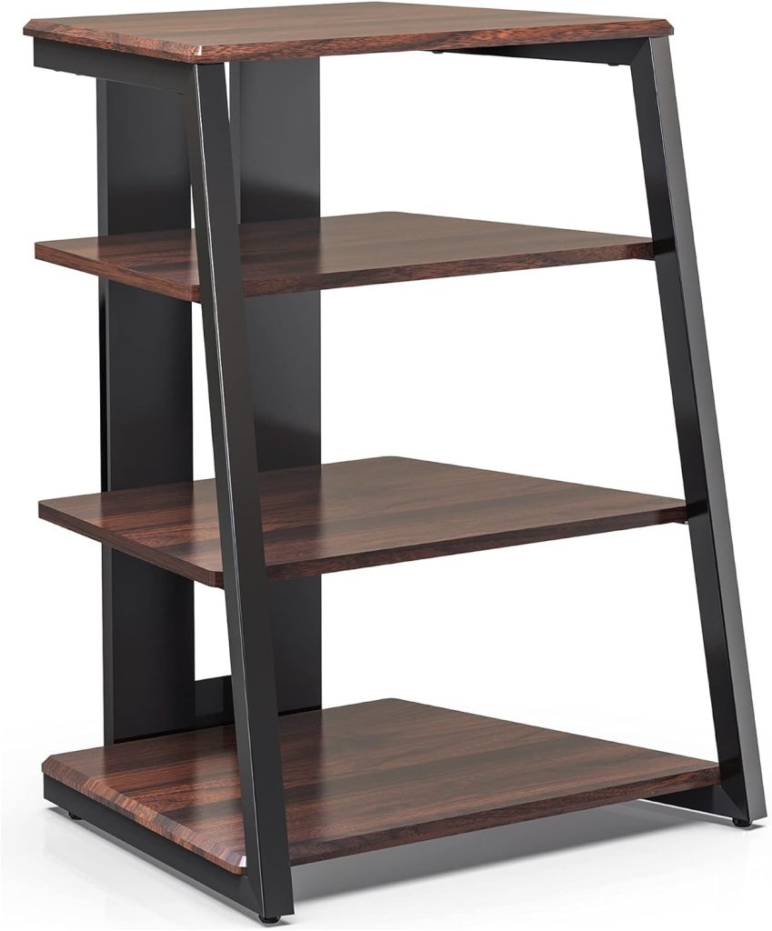 FITUEYES Design 4-Tier AV Media Stand Corner Shelf Stand Wooden Corner Shelves Component Cabinet Stereo Rack Audio Tower with Height Adjustable Wooden Shelves for/Apple Tv/Xbox One/ps4 (Walnut)