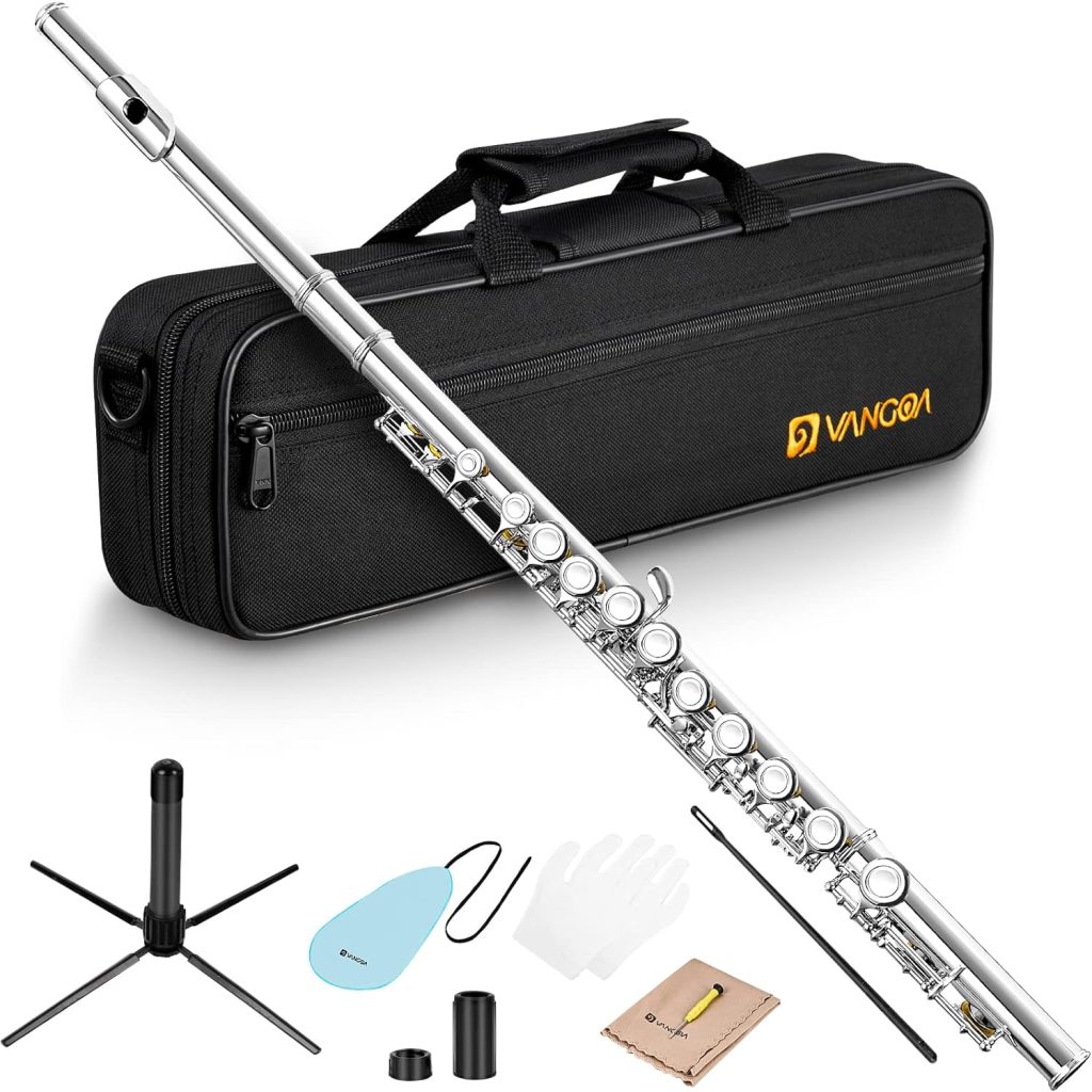 Flute, Closed Hole C Flutes Instrument 16 Keys Nickel Plated Student Flute School Band Orchestra for Beginners Kids with Case, Cleaning Kit, Carrying Case, Tuning Rod, Gloves, by Vangoa