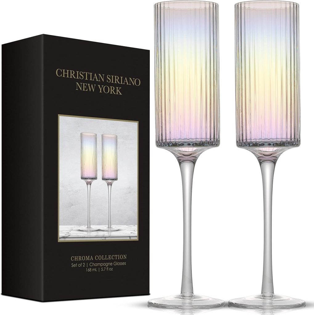 Fluted Iridescent Champagne Flutes – Christian Siriano Chroma 6oz Champagne Glasses Set Of 2. Unique Champagne Flute, Mimosa Glasses, Cocktail Glasses or Wedding Champagne Flutes.