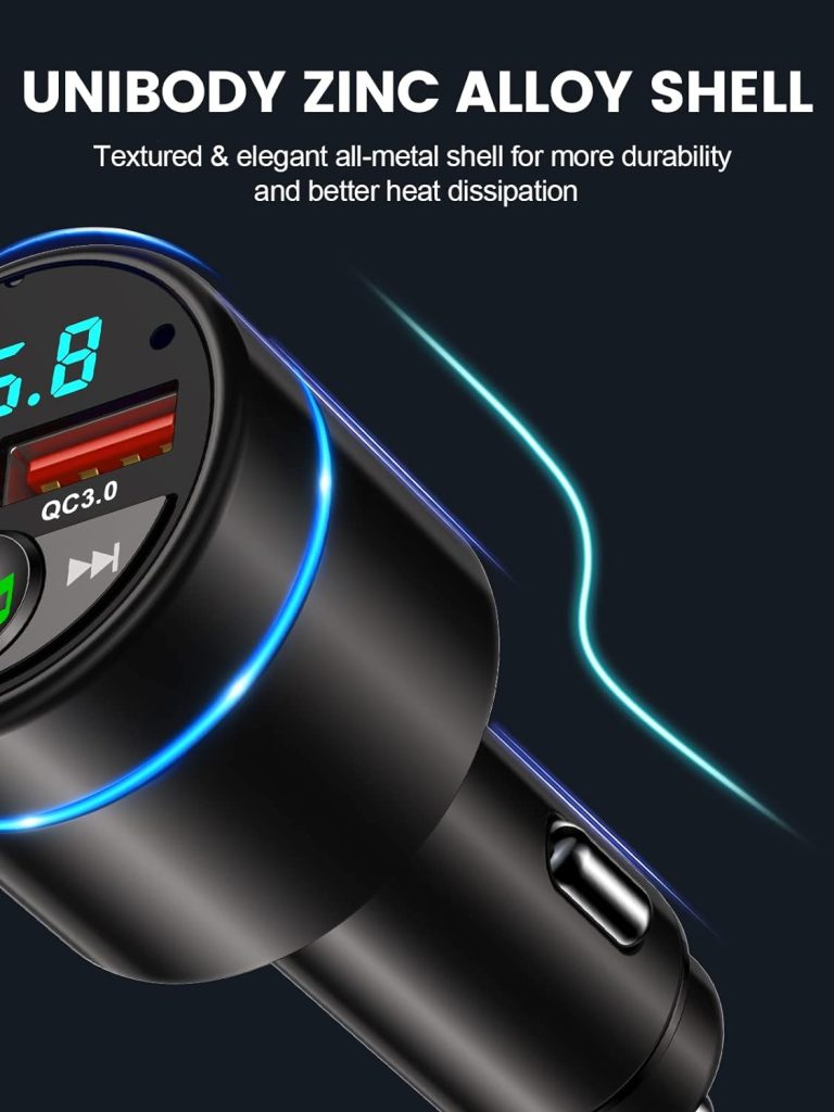 FM Transmitter for Car Bluetooth 5.3, RIWUSI [All-Metal] PD 30W  QC3.0 18W Fast Car Charger, Wireless FM Radio Car Kit Bluetooth Car Adapter, Noise Cancelling Hands-Free Call, Blue Light-Black