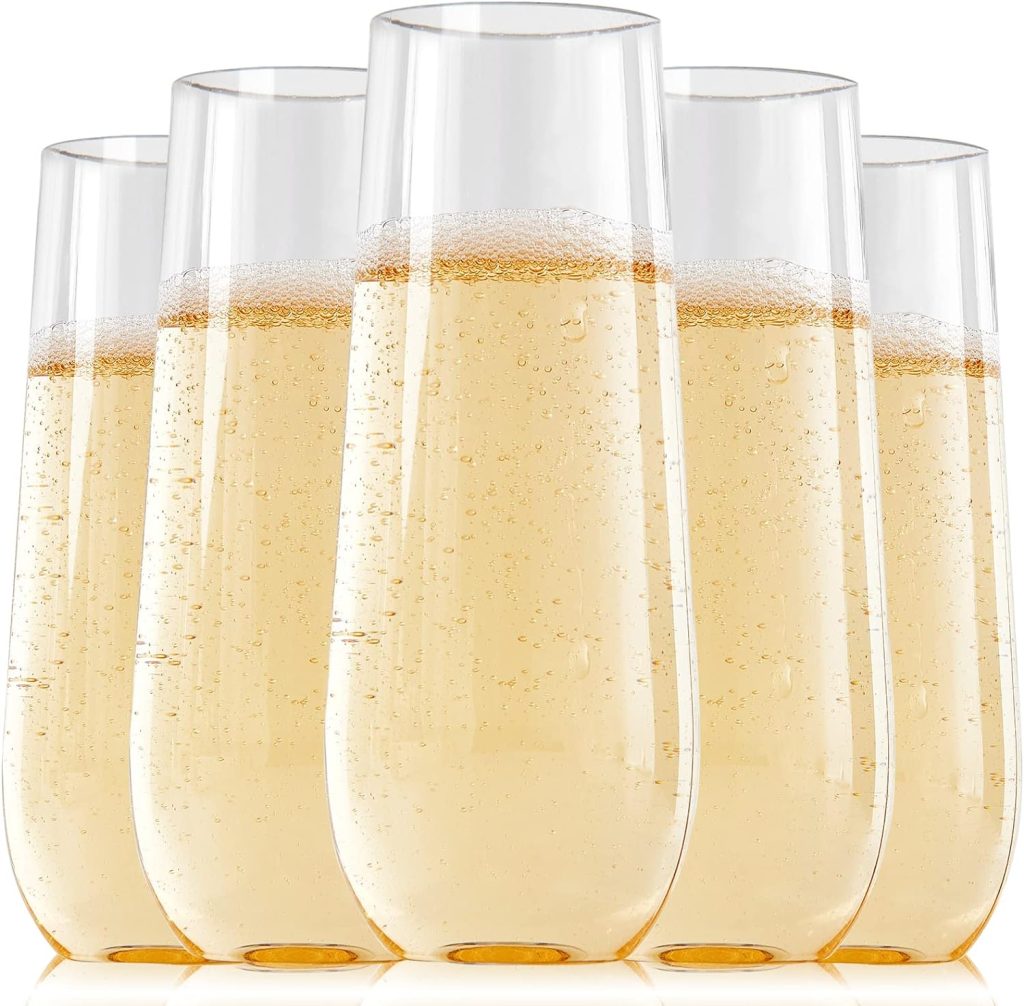 FOCUSLINE 24 Pack Plastic Champagne Flutes 9 Oz Stemless , Heavy Duty Clear Unbreakable Toasting Glasses | Shatterproof | Disposable | Reusable For Wedding Or Party
