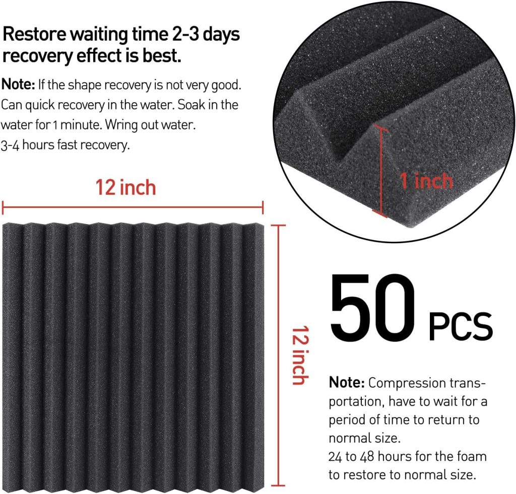 Focusound 50 Pack Acoustic Foam 1 x 12 x 12 Sound Proof Foam Panles Soundproofing Noise Cancelling Wedge Panels for Home Office Recoding Studio with 270PCS Double-Side Adhesive