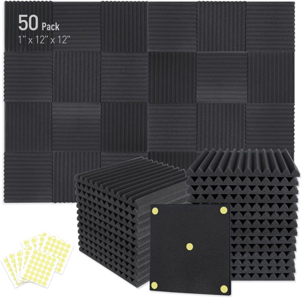 Focusound 50 Pack Acoustic Foam 1 x 12 x 12 Sound Proof Foam Panles Soundproofing Noise Cancelling Wedge Panels for Home Office Recoding Studio with 270PCS Double-Side Adhesive