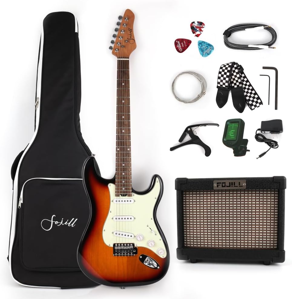 Fojill Guitar With Rechargeable Battery And Bluetooth Inside Amplifier 39 Inch Full Size Blue Beginner Kit Electric Guitar Set Starter Package Combo Bundle All Accessory Included (Pink)