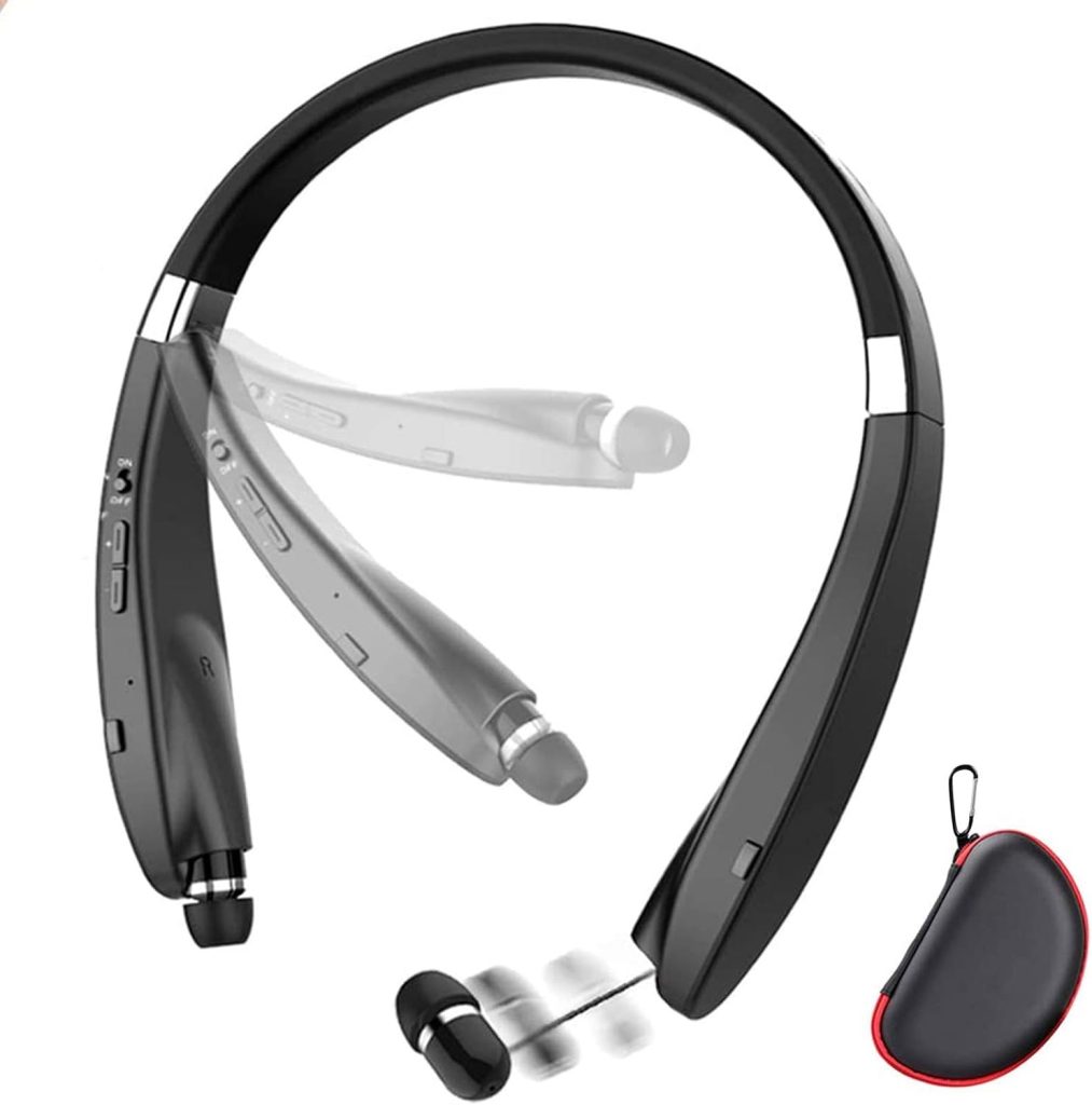 Foldable Bluetooth Headset, Beartwo Lightweight Retractable Bluetooth Headphones for SportsExercise, Noise Cancelling Stereo Neckband Wireless Headset (with carry case)