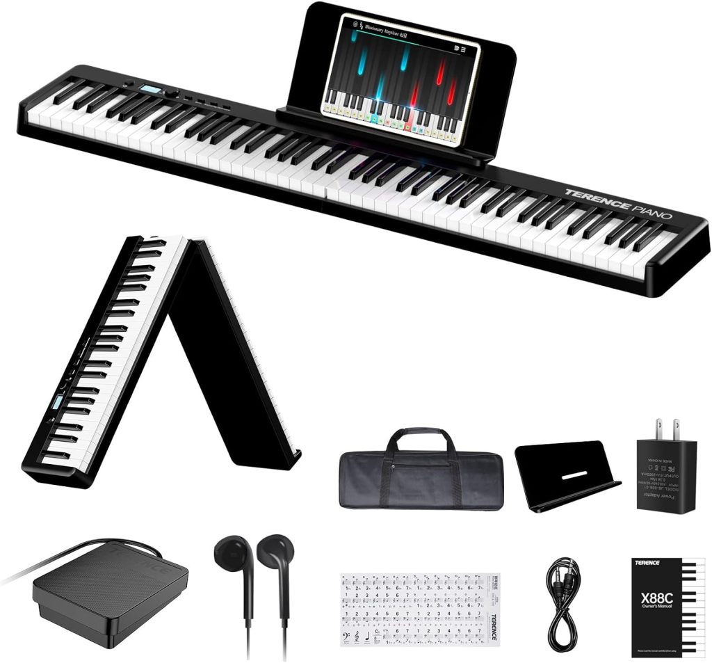 Folding Piano Keyboard, 88 Keys Full Size Semi-Weighted Foldable Piano, Support MIDI USB Interface Bluetooth Portable Piano with LCD Screen Sheet Music Stand Sticker Sustain Pedal for Beginners Kids