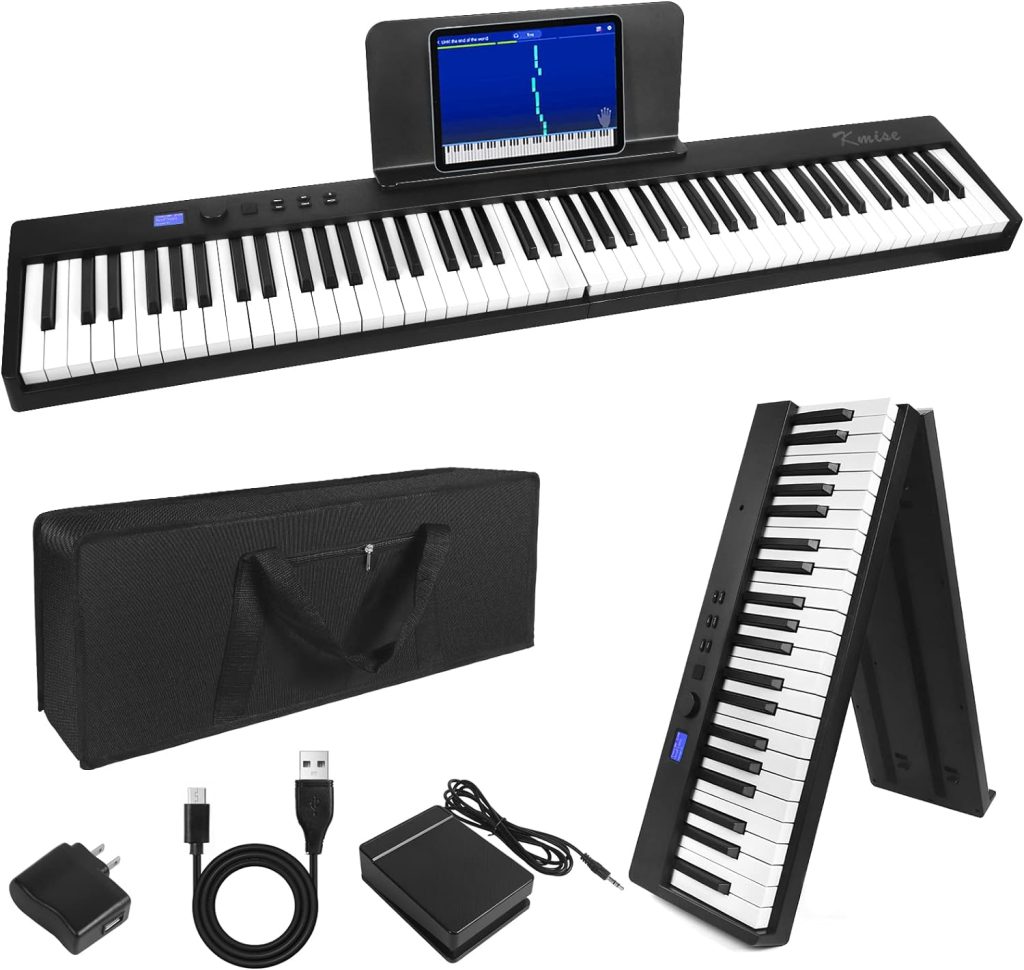 Folding Piano Keyboard,Kmise Electric Keyboard 88 Keys Semi-Weighted Digital Foldable with Bluetooth MIDI Sustain Pedal,Music Sheet Holder,Carrying Bag
