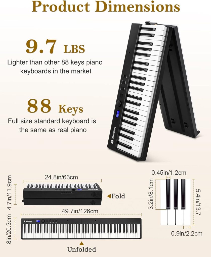 Folding Piano, Portable 88 Key Full Size Foldable Keyboard Piano Semi-Weighted Bluetooth with Light up Keys, Sustain Pedal and Handbag, Black, by Vangoa