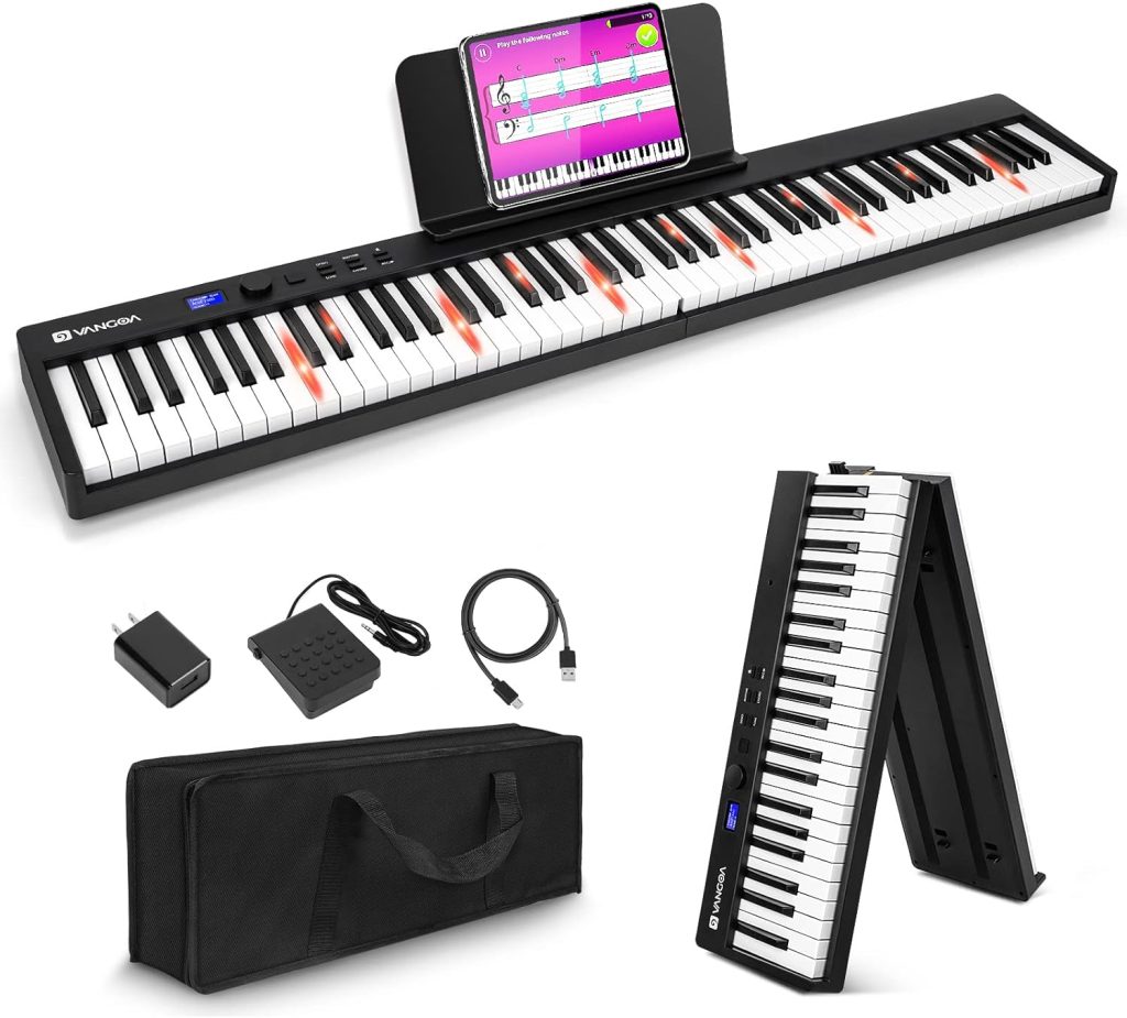 Folding Piano, Portable 88 Key Full Size Foldable Keyboard Piano Semi-Weighted Bluetooth with Light up Keys, Sustain Pedal and Handbag, Black, by Vangoa