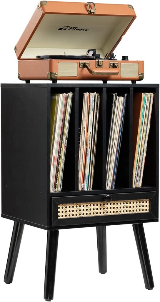 FORAOFUR Record Player Stand, Black Turntable Stand with Record Storage Up to 100 Albums, Vinyl Record Stand with a Rattan Drawer for Living Room, Bedroom  Office, Record Player Table with Wood Legs