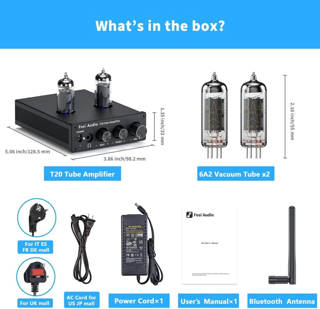 Fosi Audio T20 Bluetooth 5.0 Tube Amplifier Headphone Amp Support aptX HD Stereo Receiver 2 Channel Class D Digital Mini Hi-Fi Power Amp for Home Passive Speakers with 6J4 Vacuum Tubes