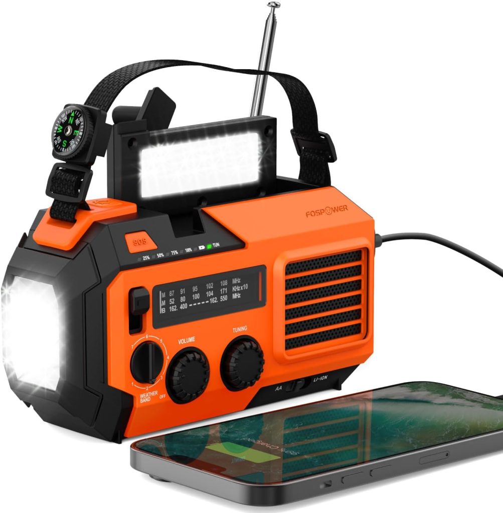 FosPower 5200mAh Emergency Radio (Model A6) NOAA Weather Alert Radio  Power Bank with IPX3 Rating, Solar Charging, Hand Crank, SOS, AM/FM/WB  LED Flashlight for Emergency Kit, Power Outages - Orange : Electronics