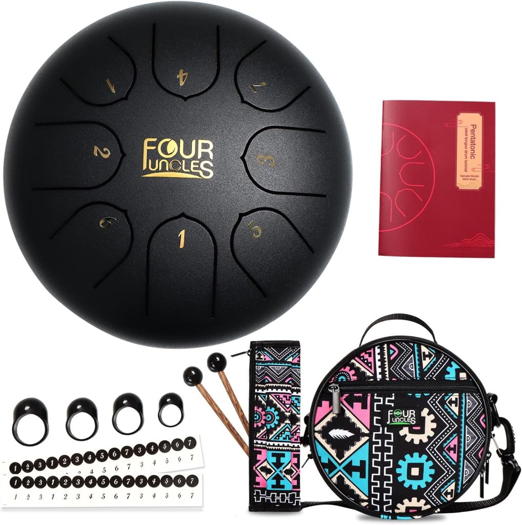FOUR UNCLES Steel Tongue Drum 8 Notes 6 Inch, Percussion Instrument Handpan Drum C Key with Bag, Music Book and Mallets for Meditation Entertainment Musical Education Concert Mind Healing Yoga (Black)