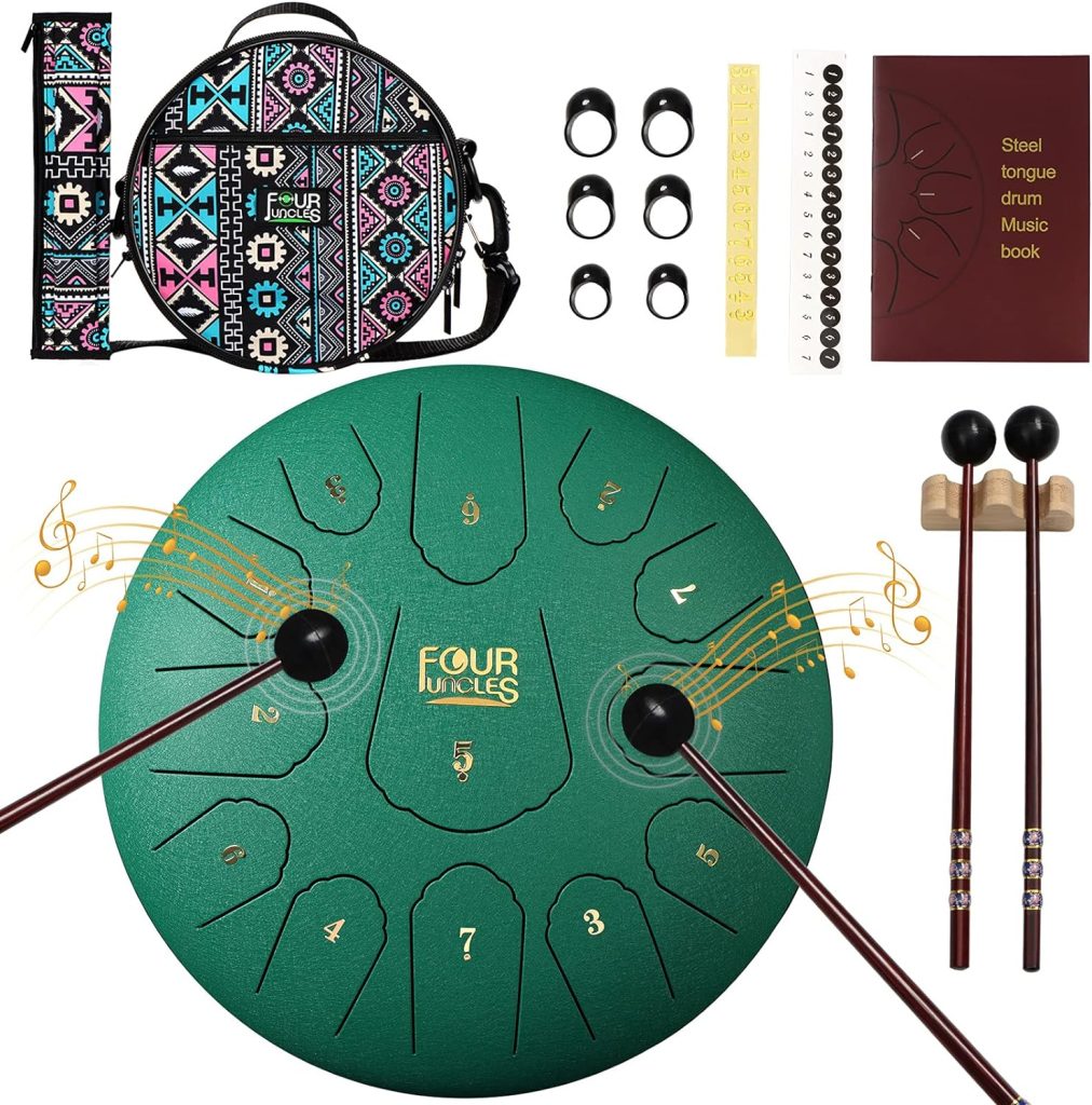 FOUR UNCLES Steel Tongue Drum, Percussion Instrument Handpan Drum C Key with Bag, Music Book and Mallets for Meditation Entertainment Musical Education Concert Mind Healing Yoga (12 Inch, Black)