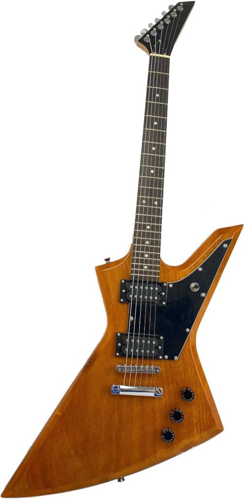 Full Size Right Handed Rock Style Electric 6 String Guitar, Solid Wood Body and Bolt on Neck, Cable and Allen Wrench, Color: Natural Brown