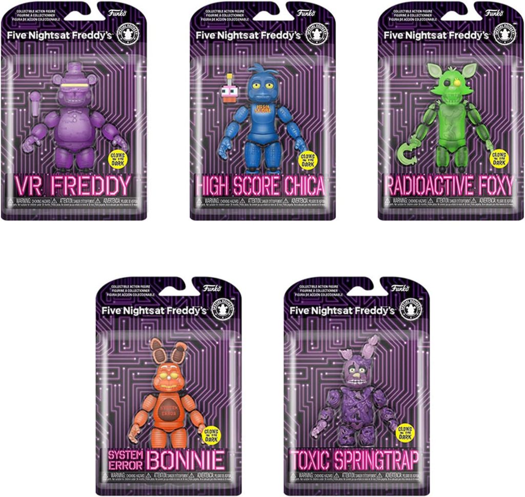 Funko Action Figures - FNAF Glow Five Nights at Freddys Set of 5 - VP Freddy, High Score Chica, Radioactive Foxy, System Error Bonnie and Toxic Springtrap