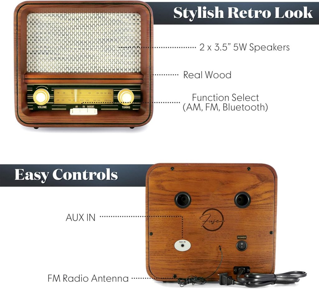 Fuse RAD-V1 Vintage Retro Radio | AM/FM Radio Speaker with Bluetooth  AUX Input | 5W Speakers | Mid Century Modern Style | Real Handcrafted Ashtree Wood Exterior