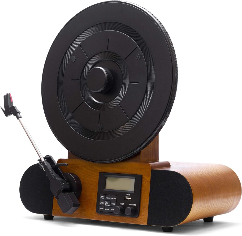 Fuse Vert Vertical Vinyl Record Player | FM Radio, Bluetooth, AUX, USB | Alarm Clock | Full Range Speakers | Vintage Mid Century Modern Style | Handcrafted Ashtree Wood