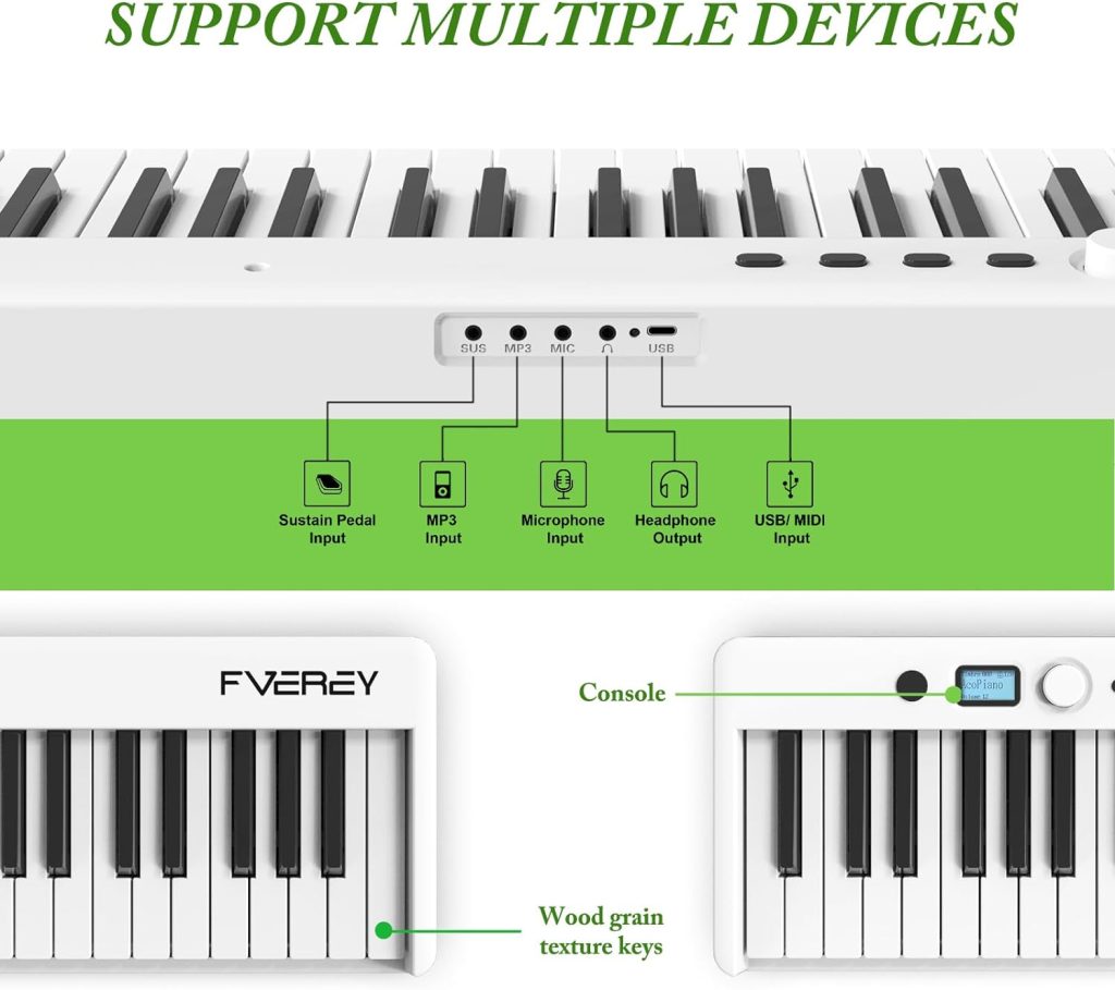 Fverey Portable 88 Key Folding Piano Keyboard Full Size Semi Weighted Keyboard Travel Piano Keyboard Support MIDI Bluetooth Electric Piano for Kids Adults Beginners, White (FYS-88KW-P)