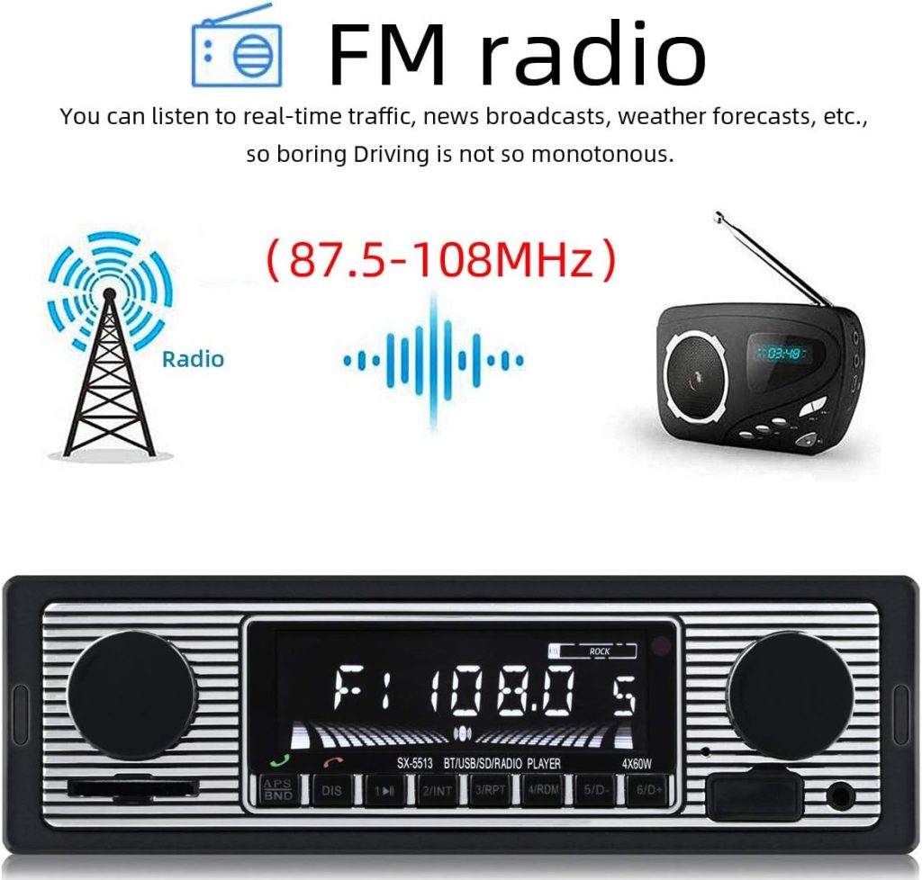 FYPLAY Classic Bluetooth Car Stereo, FM Radio Receiver, Hands-Free Calling, Built-in Microphone, USB/SD/AUX Port, Support MP3/WMA/WAV, Dual Knob Audio Car Multimedia Player, Remote Control