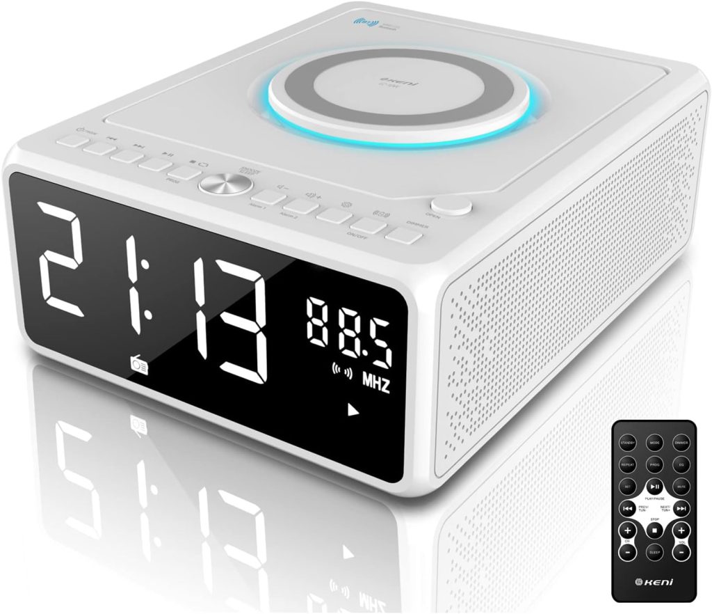 G Keni CD Player Dual Alarm Clock Radio, Bluetooth Boombox with Remote, 10W Fast Wireless Charging, Digital FM Radio, MP3/USB Music Player, Snooze  Sleep Timer, Dimmable Mirror LED Display for Home