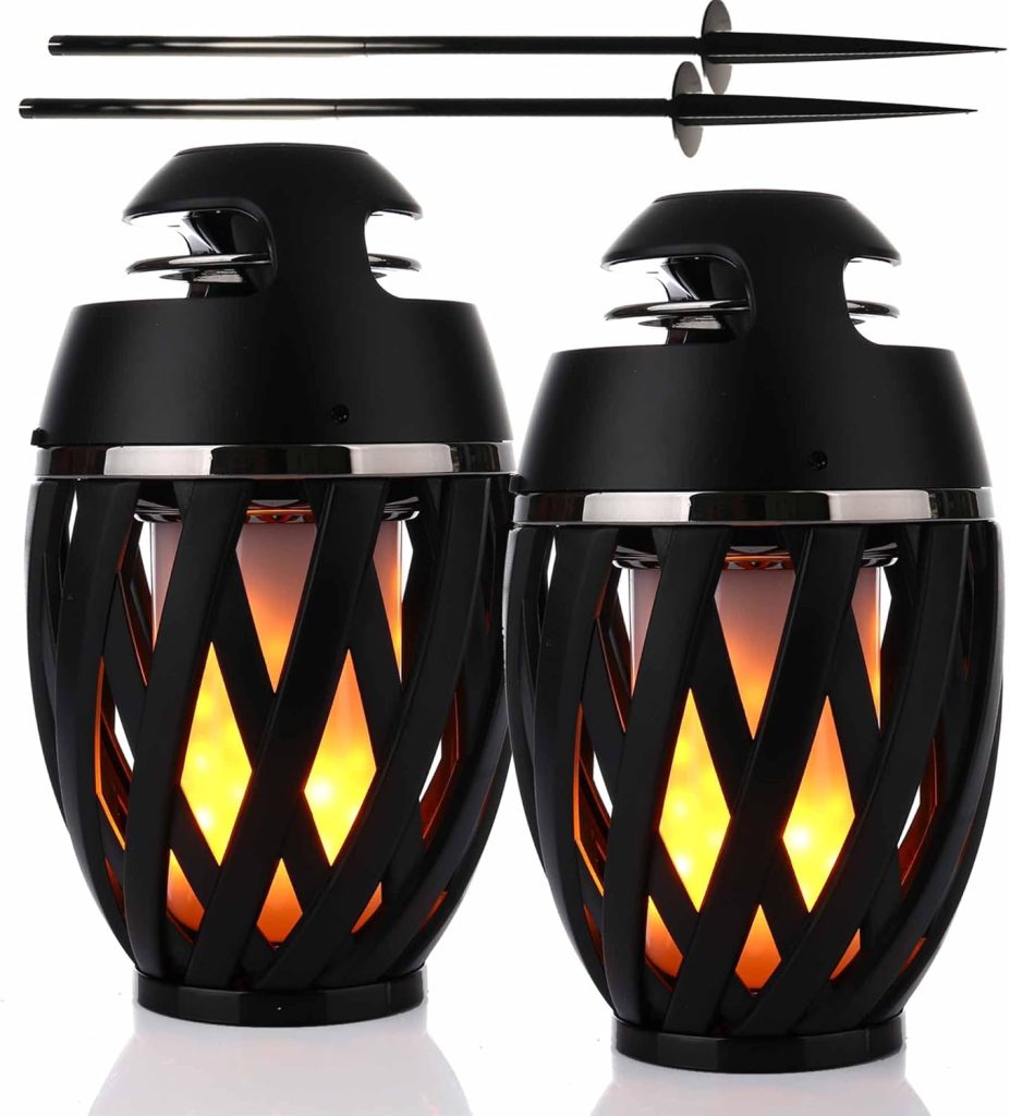Gabba Goods 2-Pack Black Tiki Surround Sound LED Flame Bluetooth Speakers with Poles - Waterproof, Weatherproof, Rechargeable, Perfect for Camping, Patio, Pool, Yard, BBQ, and Halloween Decorations
