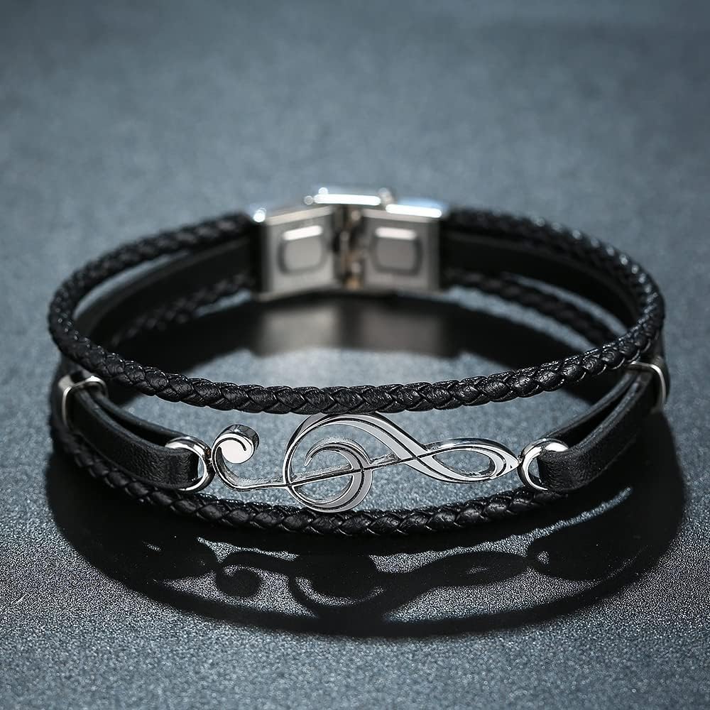 GAGAFEEL Mens Leather Bracelet Braided Wristband Cuff Music Treble Clef Rope Valentines Punk Gift for Him