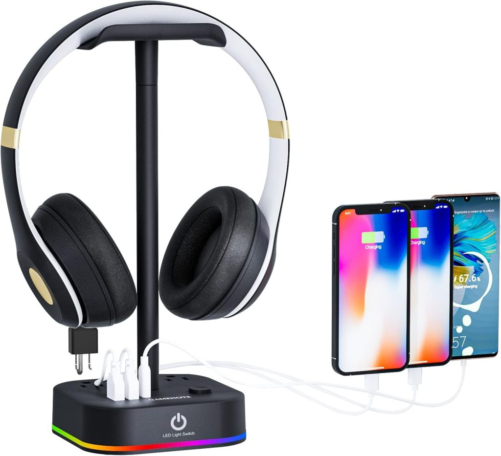 Gamenote RGB Headphone Stand  Power Strip 2 in 1 Desk Gaming Headset Holder with 3 USB Charging Ports and 3 Power Outlets Earphone Hanger Accessories for Desktop Gamer