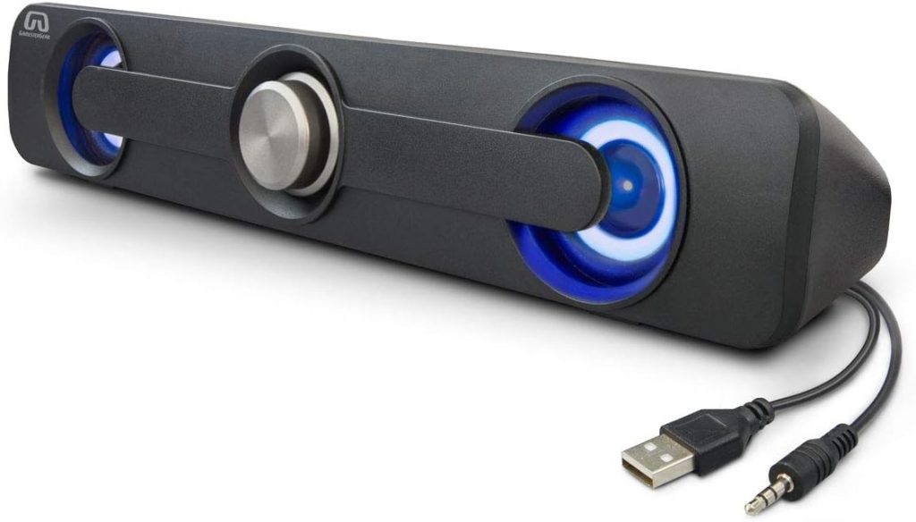 GamesterGear Desktop Compact USB Powered Wired Multimedia Mini Stereo Sound Bar 3.5mm Audio Jack Blue LED 2.5 Watts Speaker