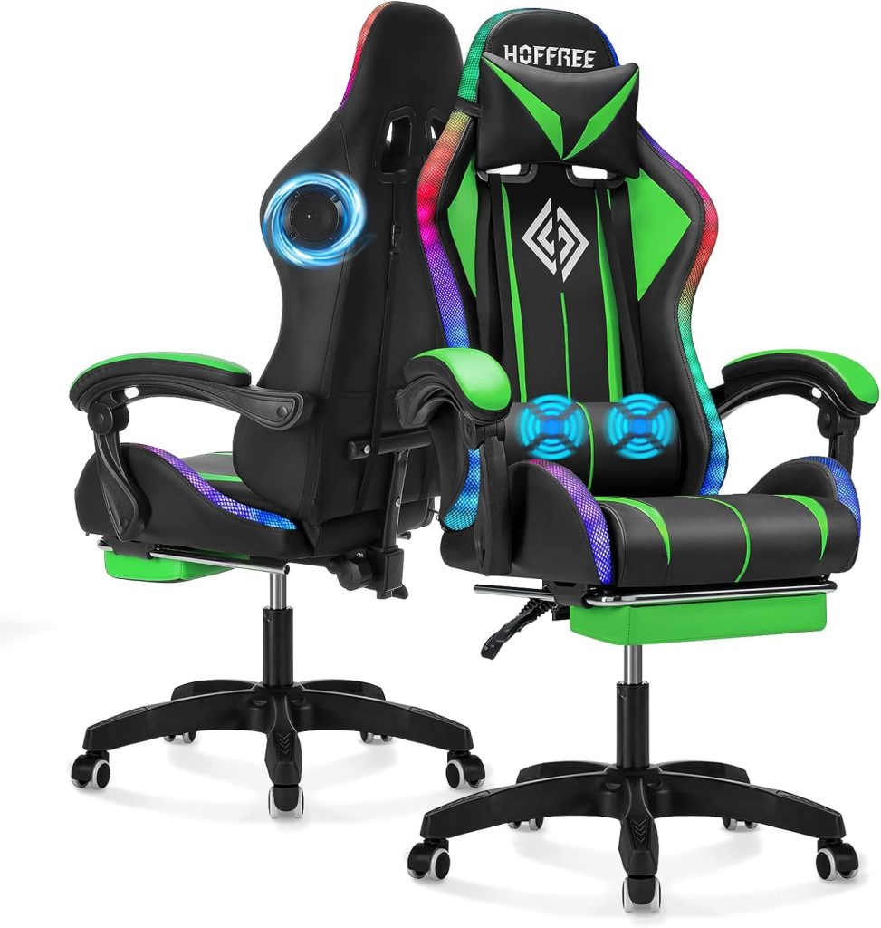 Gaming Chair Massage with Bluetooth Speakers and Lights Ergonomic Computer Game Chair with Footrest LED RGB Lights High Back Music Video Game Chair with Lumbar Support Green and Black