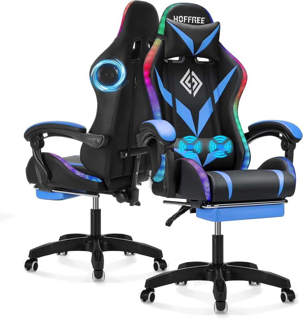 Gaming Chair with Bluetooth Speakers and RGB LED Lights Ergonomic Massage Computer Gaming Chair with Footrest Video Game Chair High Back with Lumbar Support Blue and Black