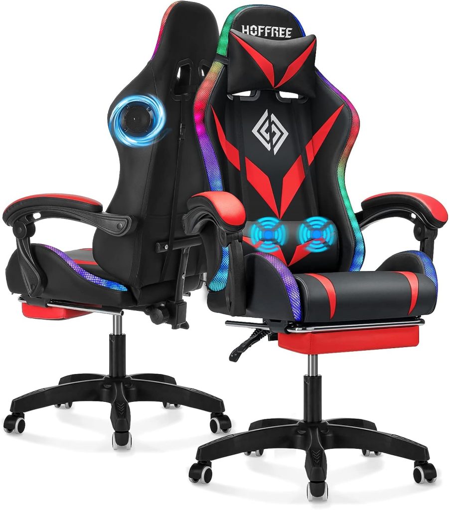 Gaming Chair with Bluetooth Speakers and RGB LED Lights Ergonomic Massage Video Game Chair with Footrest High Back with Lumbar Support Red and Black