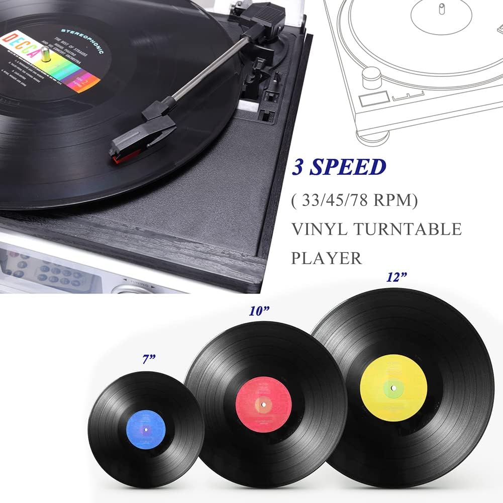 Gartopvoiz Bluetooth Vinyl Record Player, 3 Speeds All in 1 LP Turntable with External Stereo Speakers, CD Player Cassette AM/FM Radio USB/SD Encoding  Playing Phonograph